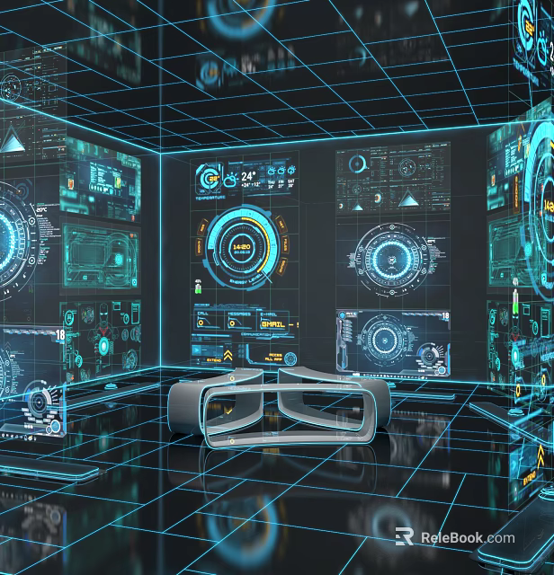 Futuristic Tech Room With Holographic Interfaces Blue Control Panels And VR Headset 3d model 
