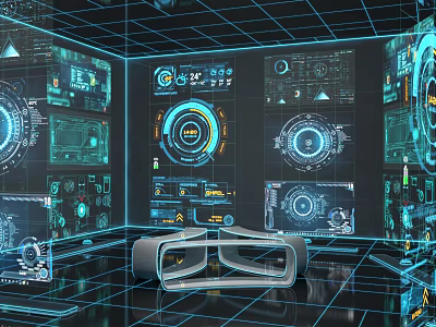 Futuristic Tech Room With Holographic Interfaces Blue Control Panels And VR Headset 3d model