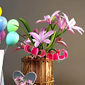 Pink And White Flowers With Green Leaves In Brown Wooden Vase And Colorful Balloons