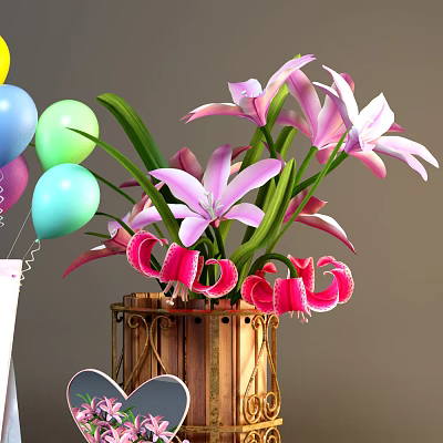 Pink And White Flowers With Green Leaves In Brown Wooden Vase And Colorful Balloons 3d model