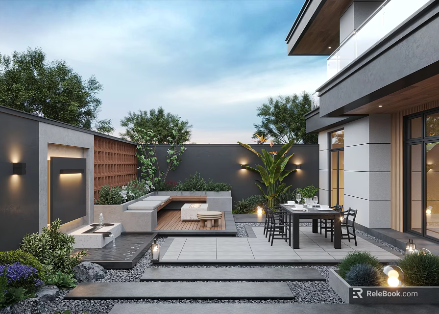 Modern Open Courtyard Garden With Seating Area Dining Table Greenery And Lighting 3d model