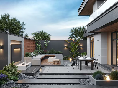 Modern Open Courtyard Garden With Seating Area Dining Table Greenery And Lighting 3d model