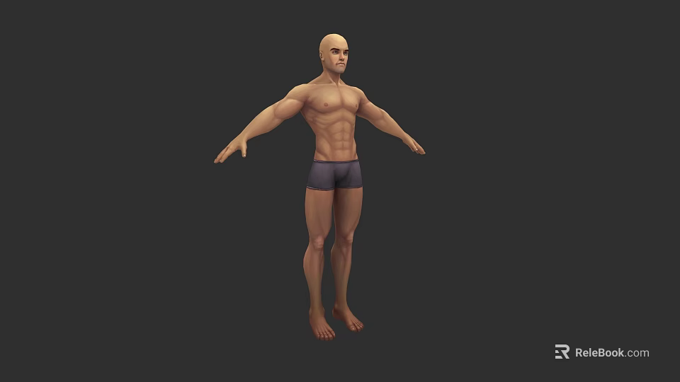 3D Rendered Muscular Shirtless Man in Dark Shorts with Arms Outstretched 3d model 