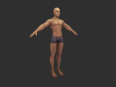 3D Rendered Muscular Shirtless Man in Dark Shorts with Arms Outstretched 3d model