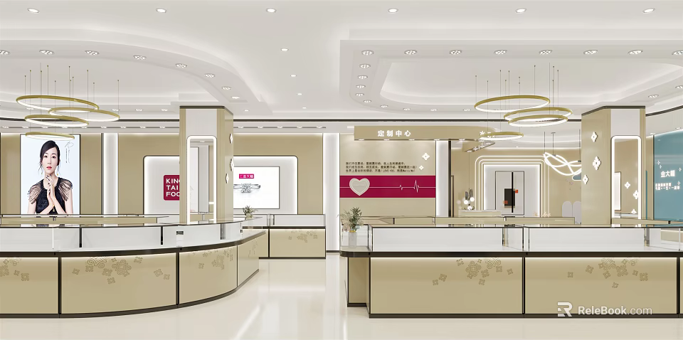 Elegant Jewelry Store Interior Design With Glass Display Cases Decorative Counters And Ceiling Lighting 3d model 