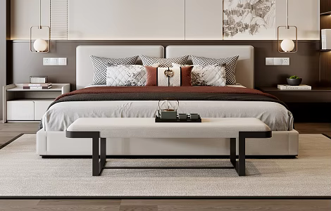 New Chinese Double Bed Fabric Double Bed End Stool Bedside Chandelier Bedside Cabinet 3d model