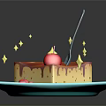 Caramel Cake Topped With Cherry And Sauce On Blue Plate With Green Leaves And Sparkles