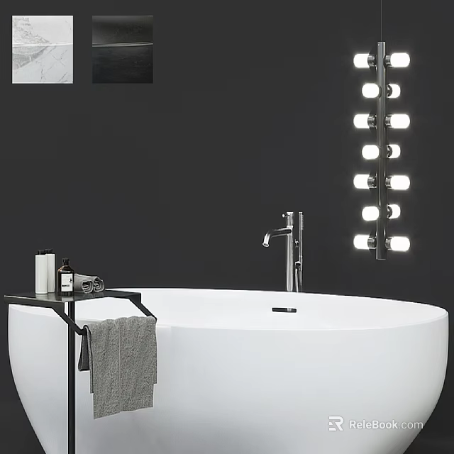 Modern Bathroom Set with White Freestanding Bathtub Black Shelf and Mirror Bulb Lights 3d model 