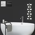 Modern Bathroom Set with White Freestanding Bathtub Black Shelf and Mirror Bulb Lights