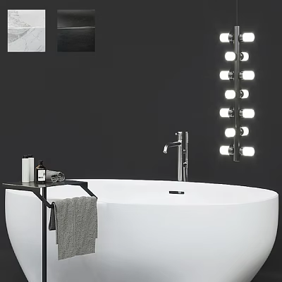 Modern Bathroom Set with White Freestanding Bathtub Black Shelf and Mirror Bulb Lights 3d model