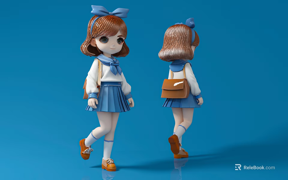 Girl with Brown Hair Blue Bow Wearing White Top Blue Skirt Brown Bag Orange Shoes 3d model 