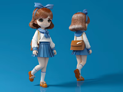 Girl with Brown Hair Blue Bow Wearing White Top Blue Skirt Brown Bag Orange Shoes 3d model