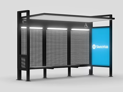 Modern Bus Stop Traffic Sign With Roof Bench Perforated Panels And Blue Screen 3d model