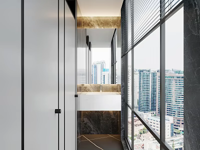 Modern Public Restroom With Large Windows City View And Marble Washbasin Design 3d model
