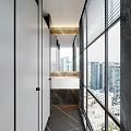 Modern Public Restroom With Large Windows City View And Marble Washbasin Design