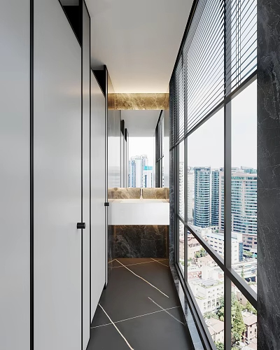 Modern Public Restroom With Large Windows City View And Marble Washbasin Design 3d model