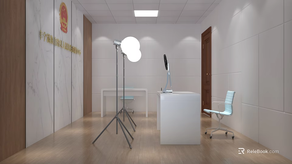 Modern Public Office Area With White Desk Computer Monitor Light Blue Chair And Wooden Flooring 3d model 