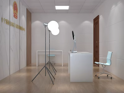 Modern Public Office Area With White Desk Computer Monitor Light Blue Chair And Wooden Flooring 3d model