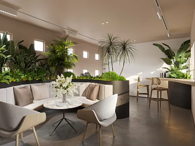 Lounge Area Interior Design With Comfortable Seating Green Plants Natural Light And Coffee Table 3d model