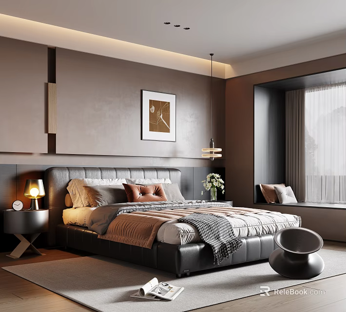 Elegant Modern Bedroom Interior With Upholstered Headboard Bedding Nightstand Lamp Wall Art And Pendant Light 3d model 