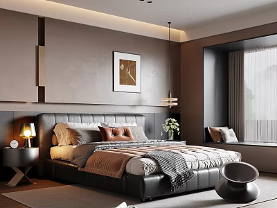 Elegant Modern Bedroom Interior With Upholstered Headboard Bedding Nightstand Lamp Wall Art And Pendant Light 3d model