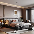Elegant Modern Bedroom Interior With Upholstered Headboard Bedding Nightstand Lamp Wall Art And Pendant Light