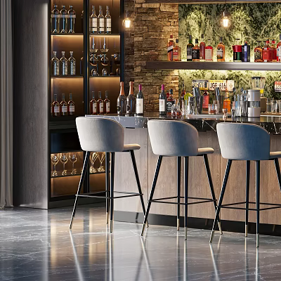 Modern Bar Interior With Stools And Well Stocked Liquor Shelves 3d model