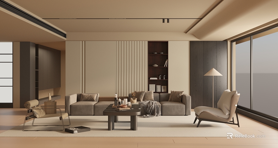 Modern Living Room Interior With Sofa Accent Chair Coffee Table Bookshelf And Floor Lamp 3d model 