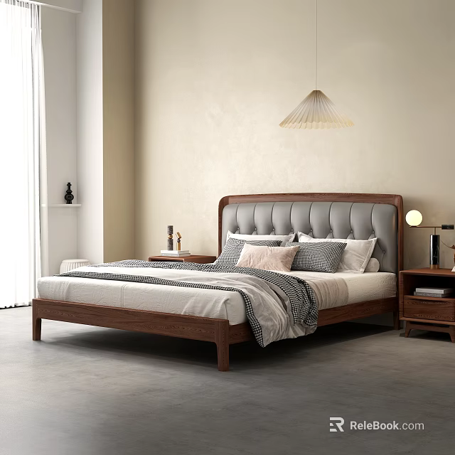 Modern Minimalist Double Bed With Upholstered Headboard Wooden Frame And Nightstands in Light Beige Bedroom 3d model 