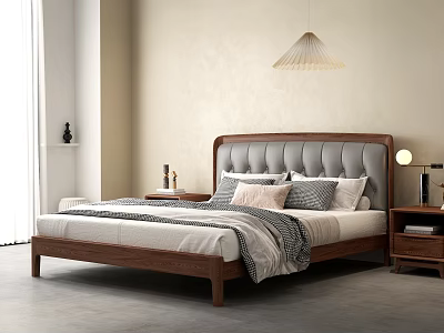 Modern Minimalist Double Bed With Upholstered Headboard Wooden Frame And Nightstands in Light Beige Bedroom 3d model