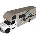 White Recreational Vehicle With Blue Decorative Stripes Smooth Roof And Side Windows