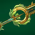 Enchanted Golden Sword With Green Gemstone Accents Leaf Shaped Decorations And Circular Hilt Design