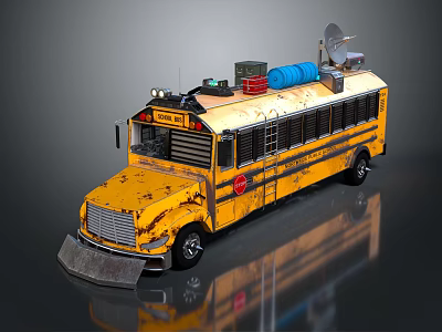 Yellow Old Rusty School Bus With Roof Blue Barrel Red Box And Satellite Antenna 3d model