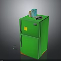 Green Double Door Refrigerator With Boxes And Cans On Top Surface