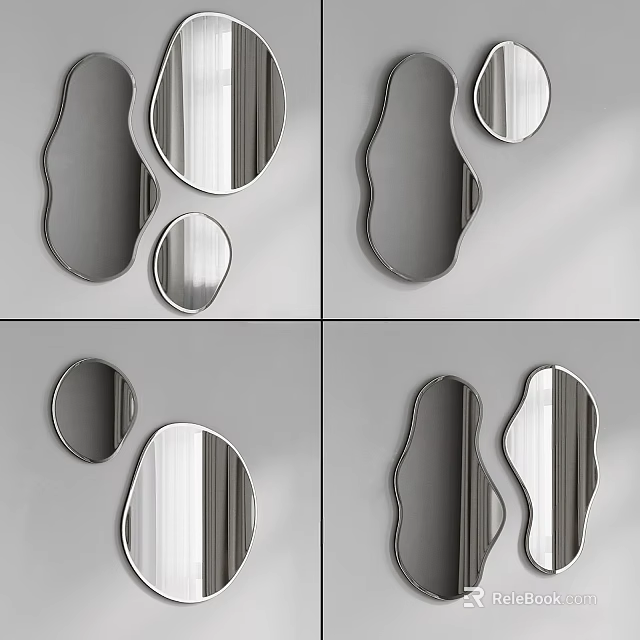 Modern Wall Mirror Arrangement With Irregular Shapes Various Sizes And Vertical Striped Reflections 3d model 