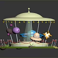 Whimsical Carousel Structure With White Canopy Colorful Decorations Pink Blue Rotating Elements And Green Grass