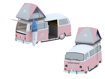 Pink Camper Bus With Open Doors Extended Roof Tent And Visible Interior 3d model