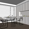 Modern Restaurant with Large Windows Blinds Light Wood Flooring White Cabinets Simple Dining Set 3d model