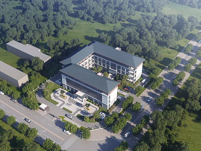 Modern Multi story Building with Dark Roof Surrounded by Trees Green Area Road and Parking Lot 3d model