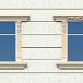 Casement Windows with Stone Frames Decorative Columns and Blue Glass on Light Colored Wall 3d model