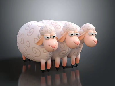 Three Cute Cartoon Sheep With Spiral Patterns Pink Faces Legs And Black Hooves Arranged Together 3d model