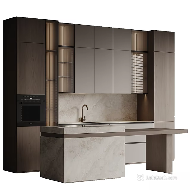 Modern Kitchen Interior Featuring Sleek Gray Cabinets With Marble Island And Countertop 3d model 