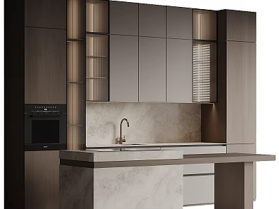 Modern Kitchen Interior Featuring Sleek Gray Cabinets With Marble Island And Countertop 3d model