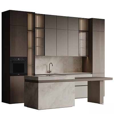 Modern Kitchen Interior Featuring Sleek Gray Cabinets With Marble Island And Countertop 3d model
