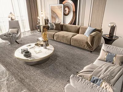 Elegant Modern Sofa And Coffee Table Set With Velvet Upholstery Decorative Pillows And Area Rug 3d model