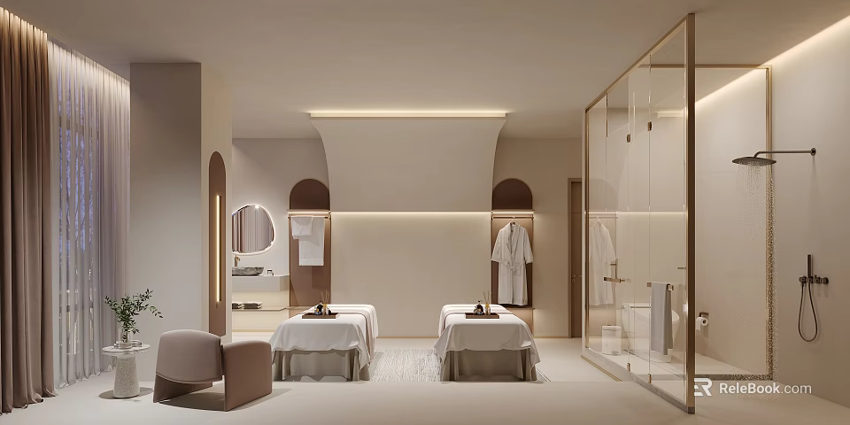 Modern SPA Space With Massage Beds And Minimalist Decor 3d model 