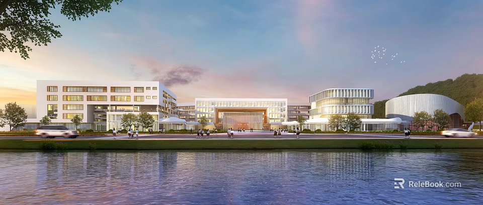 Modern School Building Campus With Waterfront Greenery Entrance And Sunset Sky View 3d model 