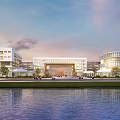 Modern School Building Campus With Waterfront Greenery Entrance And Sunset Sky View