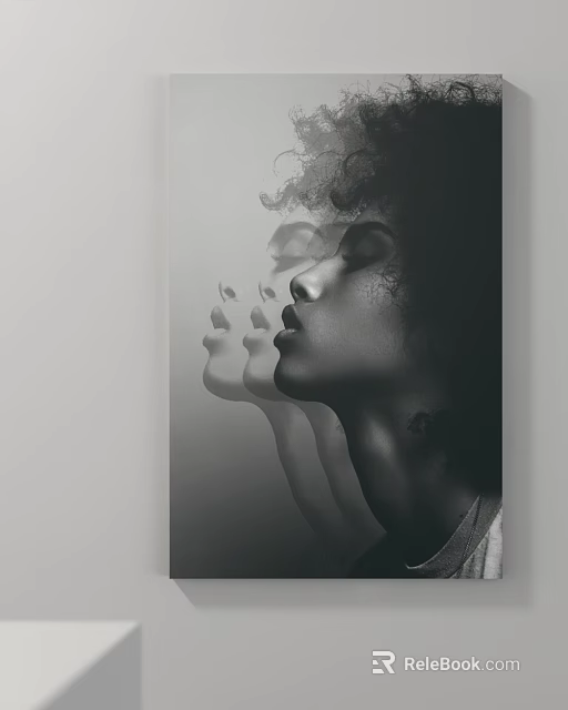 Black and White Portrait Painting With Overlapping Female Profiles And Shadow Effects 3d model 
