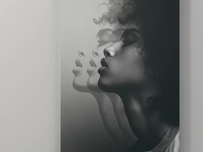 Black and White Portrait Painting With Overlapping Female Profiles And Shadow Effects 3d model